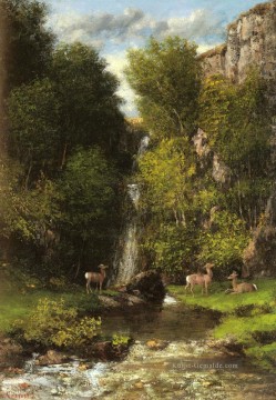  realistischer - Eine Familie von Hirsch in einem Landschaft mit Wasserfall realistischer Maler Gustave Courbet